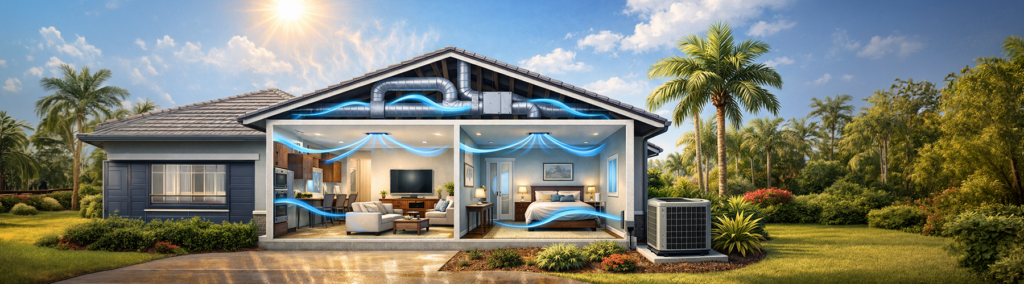 Cross-section illustration of a Treasure Coast home showing central air conditioning ductwork and cool airflow circulating through the living room and bedroom.