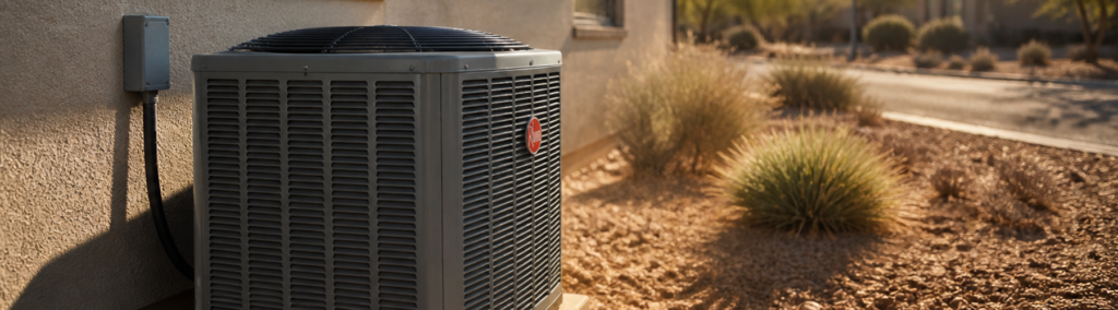 Outdoor AC condenser unit mounted beside a stucco wall in a dry climate, illustrating why your air conditioning unit may not be turning on.