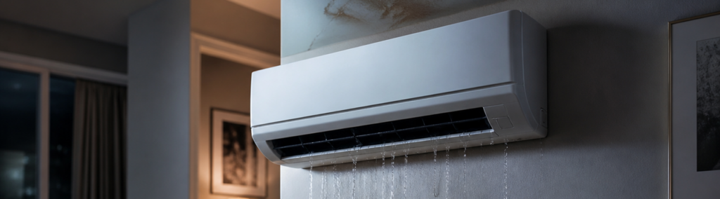 A wall-mounted split air conditioning unit is leaking water.