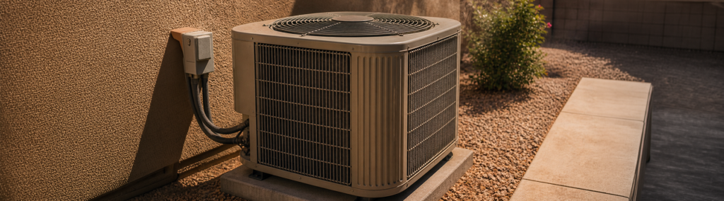 A residential central air conditioning outdoor condenser unit mounted beside a stucco wall, with electrical connections visible and a fan grille on top