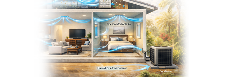Illustration of a central AC system removing humid outdoor air and circulating dry, comfortable cool air through a home's living room and bedroom via a condenser unit.