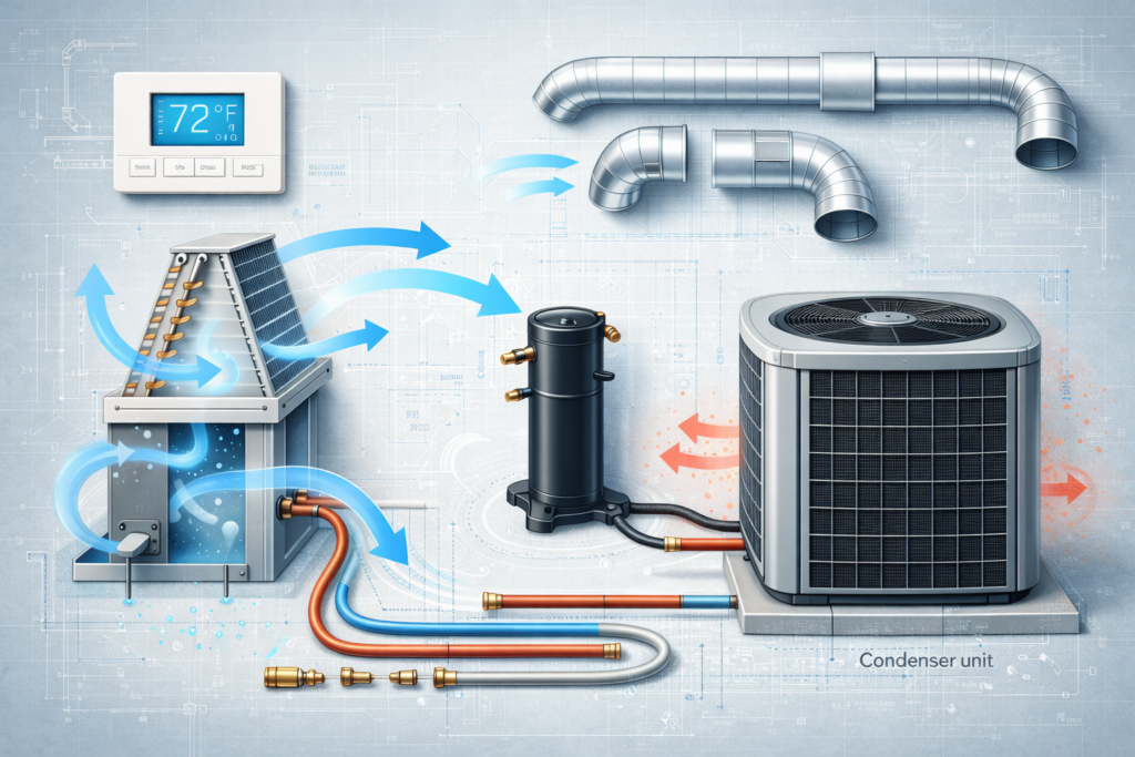 Technical illustration of central AC components including a thermostat, evaporator coil, compressor, refrigerant lines, ductwork, and condenser unit showing the cooling cycle flow.