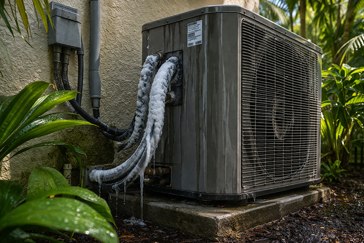 Ice and frost covering the refrigerant lines of an outdoor AC condenser unit, a visible sign of a frozen evaporator coil that can cause your air conditioner to stop working.