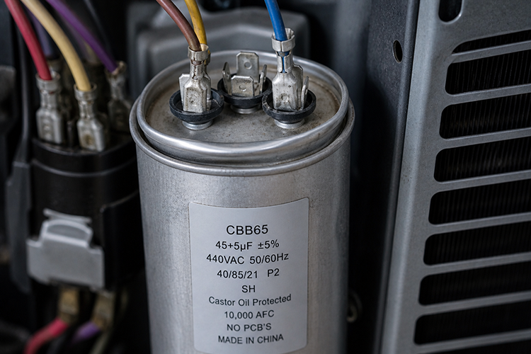 A CBB65 dual-run capacitor with color-coded wiring inside an AC condenser unit, showing the cylindrical component that powers the fan motor