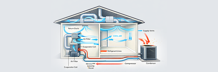 Diagram of a central air conditioning system showing return ducts, air filter, evaporator coil, refrigerant lines, compressor, and condenser unit working together to cool a home.
