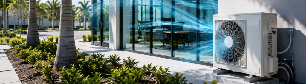Energy-efficient commercial split system AC unit cooling a modern Florida office building, installed by Sharkey Air Conditioning