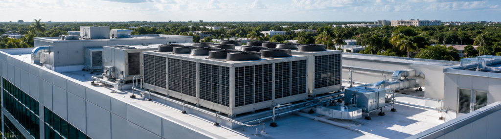 Commercial rooftop HVAC units on a South Florida building, with Palm Beach County's lush tropical landscape visible in the background