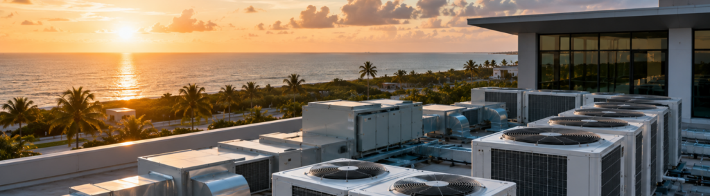 Commercial HVAC rooftop units overlooking the Palm Beach coastline at sunset, representing professional heating and cooling maintenance services in South Florida.