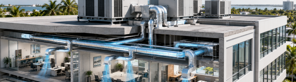 Commercial ducted air conditioning system with rooftop HVAC units and blue-highlighted ductwork running through a modern South Florida office building