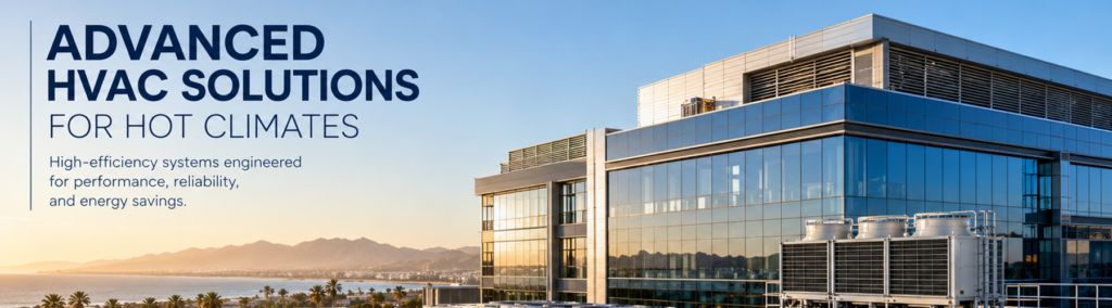Modern commercial building with rooftop HVAC units at sunset, illustrating advanced cooling solutions for hot climates
