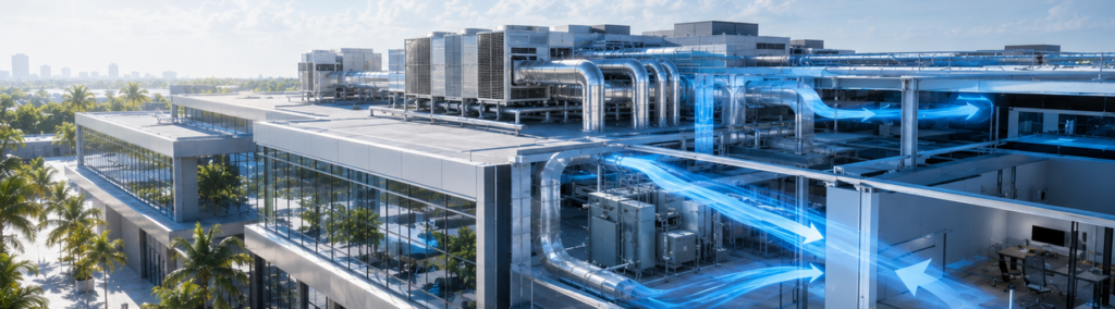 Aerial view of a modern commercial building rooftop with large HVAC duct systems and cooling units, with blue airflow arrows illustrating air circulation