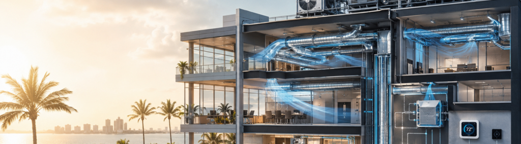Cross-section diagram of a commercial multi-story building showing HVAC ductwork, airflow patterns, and rooftop unit on Florida's Treasure Coast