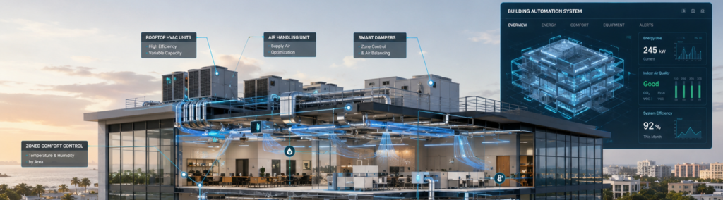 Cutaway illustration of a commercial building showing rooftop HVAC units, air handling systems, smart dampers, and a live building automation dashboard monitoring energy use and air quality.