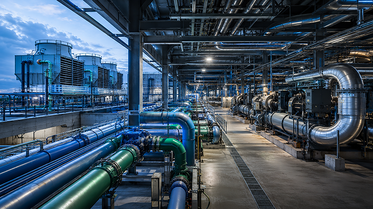 Large-scale commercial HVAC plant room with extensive blue and green refrigerant pipework, industrial chillers, and cooling towers at dusk