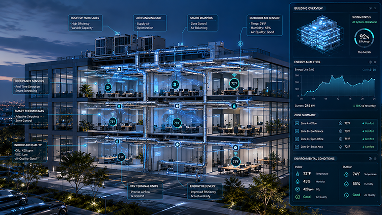 Multi-floor commercial building cutaway showing smart thermostats, occupancy sensors, VAV terminal units, and a building overview dashboard tracking zone temperatures, energy analytics, and air quality in real time.