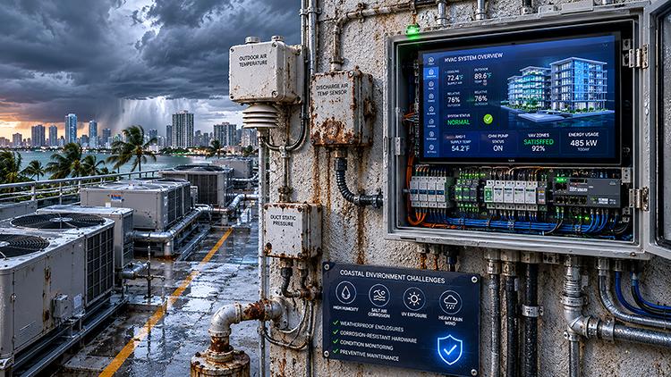 Rooftop HVAC control panel on a coastal Florida building showing weather-worn components, corrosion damage, and a live system overview screen amid stormy skies, with labels noting salt air, humidity, and heavy rain challenges.
