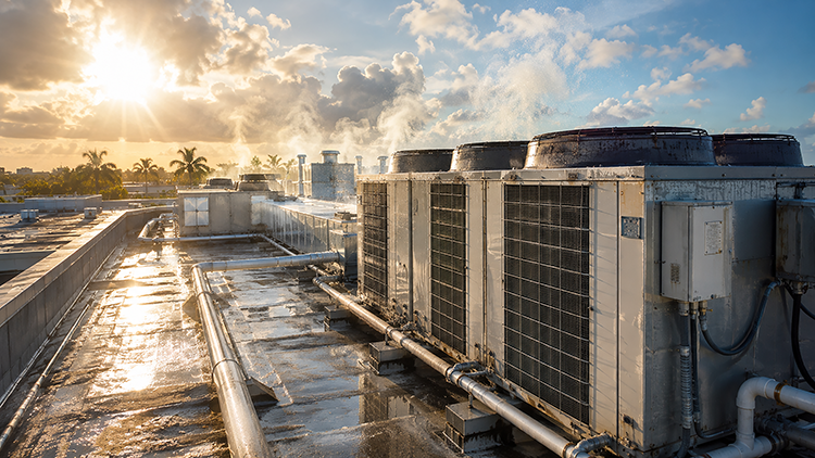 Steam rising from rooftop commercial HVAC units under a hot South Florida sun, showing the intense heat and humidity that strains air conditioning systems in Palm Beach County.