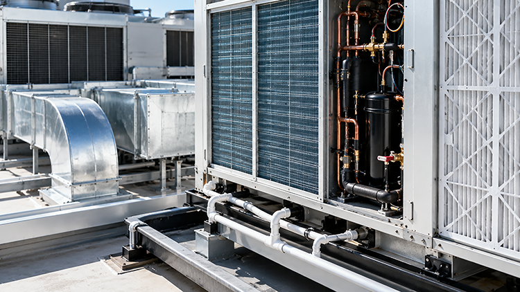 Close-up of commercial HVAC unit components including copper refrigerant lines, compressors and condenser coils on a rooftop, representing the mechanical systems inspected during a structured maintenance plan.