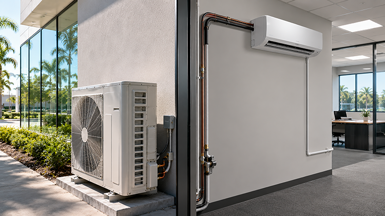 Commercial split unit air conditioner showing outdoor condenser and indoor wall-mounted air handler connected by copper refrigerant lines in a Florida office