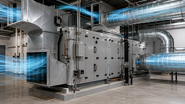 Large commercial air handling unit with interconnected sheet metal and round ductwork showing airflow movement inside a South Florida commercial building mechanical room