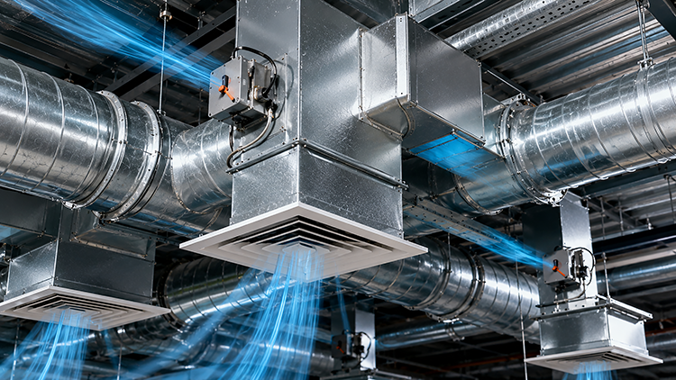 Overhead view of commercial ductwork network with ceiling air vents distributing balanced airflow throughout a South Florida commercial building