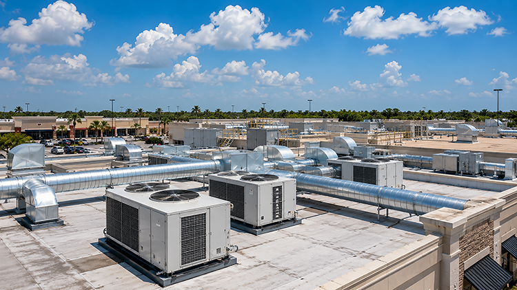 Rooftop HVAC units and silver ductwork installed across a large commercial building roof in a warm climate
