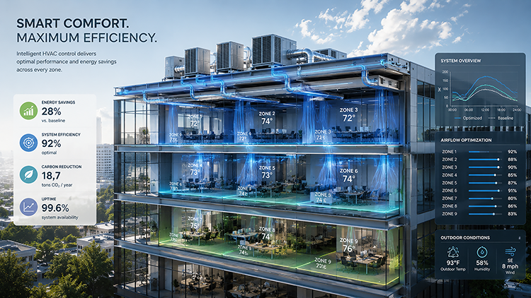 Smart commercial HVAC system dashboard showing 28% energy savings, 92% system efficiency, and per-zone temperature control across a multi-floor office building
