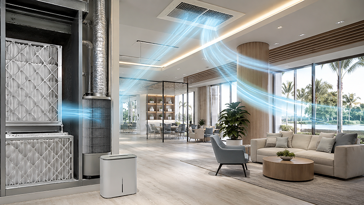 Commercial HVAC air filtration unit delivering consistent, clean airflow through ceiling vents across a modern open-plan office space