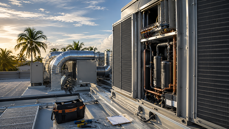 HVAC technician's tools laid out beside an open commercial rooftop condenser unit showing copper refrigerant lines and internal components during a proactive maintenance inspection