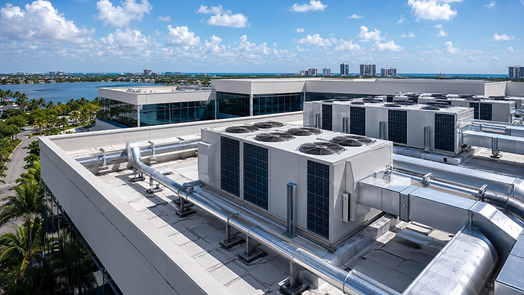 Rooftop commercial HVAC units and silver ductwork on a Florida commercial building with waterfront skyline in the background