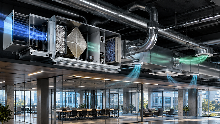 Exposed commercial air handling unit and large-diameter ductwork running across an open-plan office ceiling, with visible airflow from ceiling diffusers