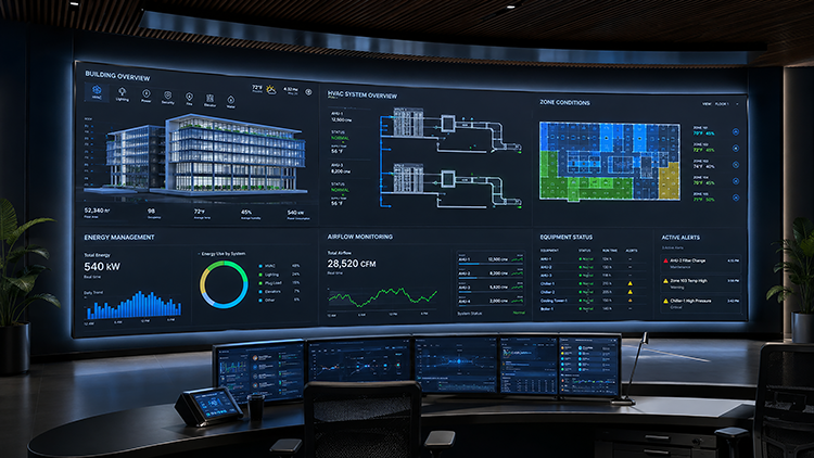 Large-scale building automation command center displaying real-time dashboards for energy management, airflow monitoring, zone conditions, equipment status, and active HVAC alerts across a commercial property