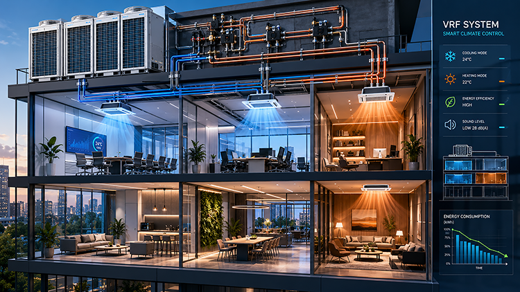 Cutaway diagram of a multi-story commercial building showing a VRF system with indoor ceiling cassette units and copper refrigerant lines connected to rooftop condensers