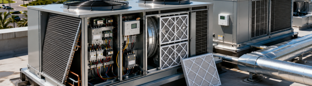 Rooftop commercial HVAC unit with access panel open, showing internal wiring, filters, and condenser coils during a maintenance inspection.
