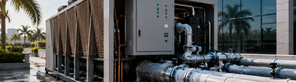 Commercial air-cooled chiller unit with condenser coils, control panel, and piping on a rooftop, illustrating the systems covered in this commercial chiller repair guide.