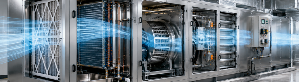 Cutaway view of a commercial air handling unit with internal coils, filters, and fan visible, airflow shown in blue; well-maintained AHUs like this keep Florida commercial buildings cool and efficient.