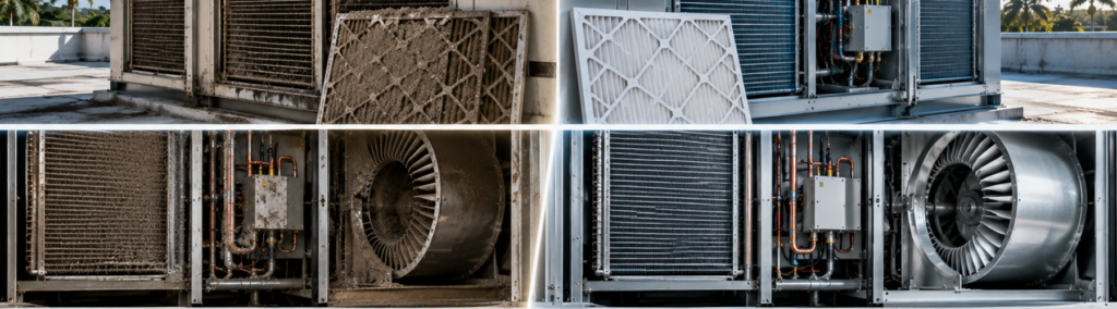Before and after comparison of a commercial HVAC unit, showing a dirt clogged coil, filter, and fan blade next to the same components fully cleaned and restored.