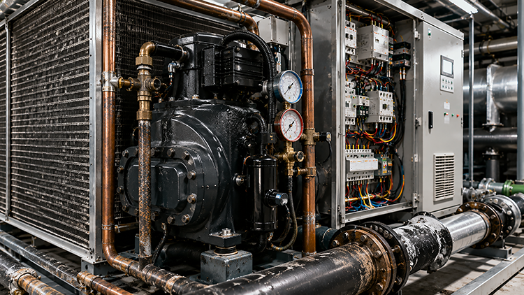 Industrial chiller compressor and wiring panel with visible gauges and connections