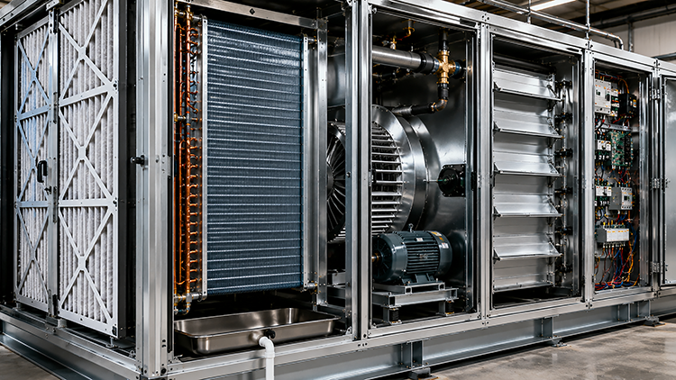 Interior of a commercial air handling unit showing air filters, cooling coil, blower motor, and condensate drain pan.