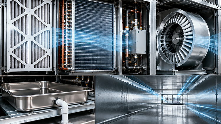 Clean commercial HVAC components, filter, coil, fan, and drain pan, shown with airflow.