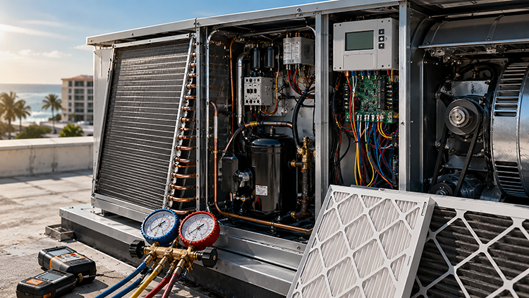 Open rooftop commercial HVAC unit with refrigerant gauges, coils, and control board exposed during a preventive maintenance visit.