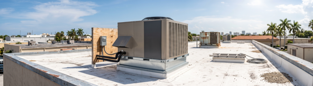 Rooftop HVAC unit installed on a flat roof under a clear Florida sky