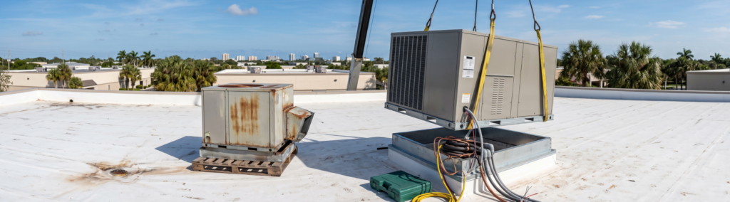 Commercial AC unit being lowered by crane onto a business rooftop