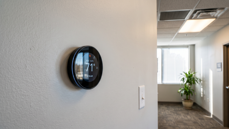 Smart programmable thermostat mounted on an office wall