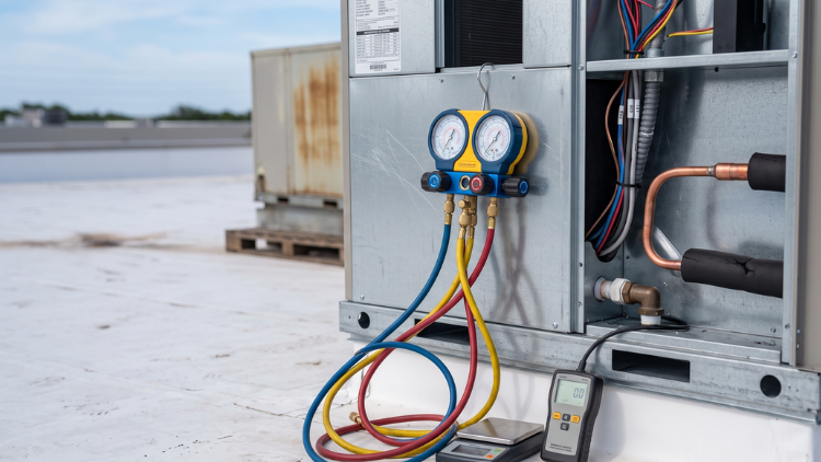 HVAC technician using refrigerant gauges and a digital meter